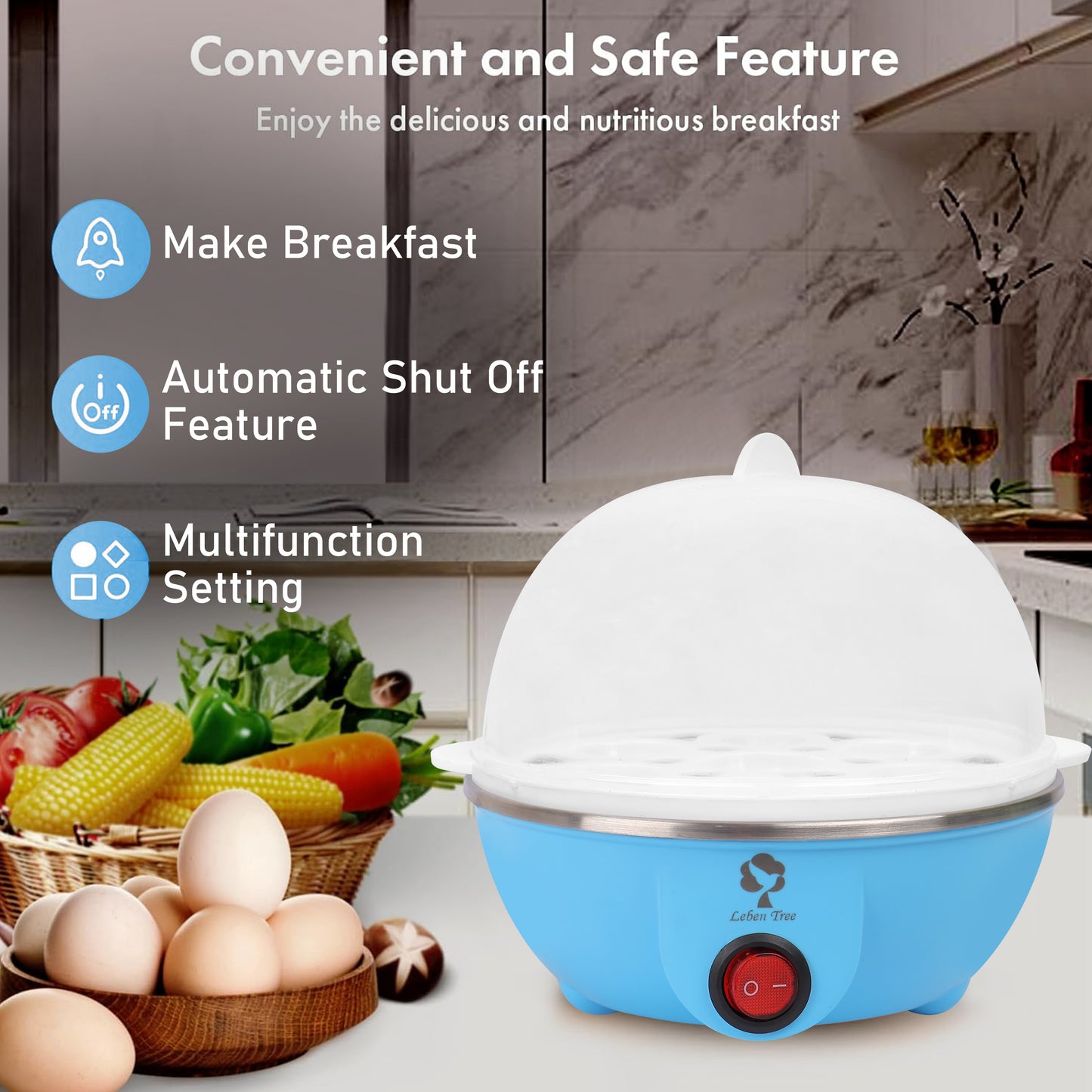 Leben Tree Electric Egg Boiler, Kitchen Egg Cooker (Blue, 6 Eggs)