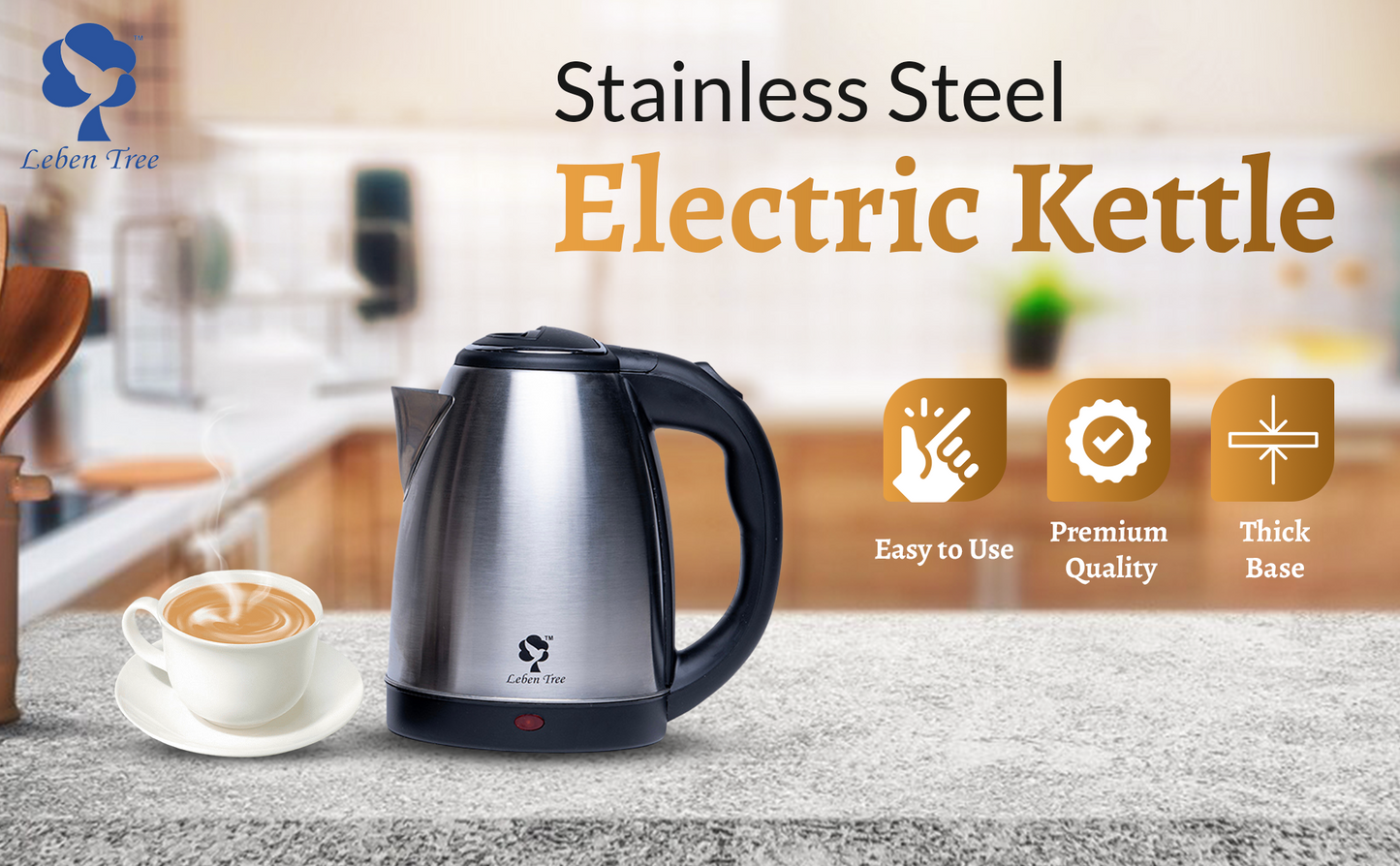 Leben Tree Smile Stainless Steel Electric Kettle (1.8 L, Black)