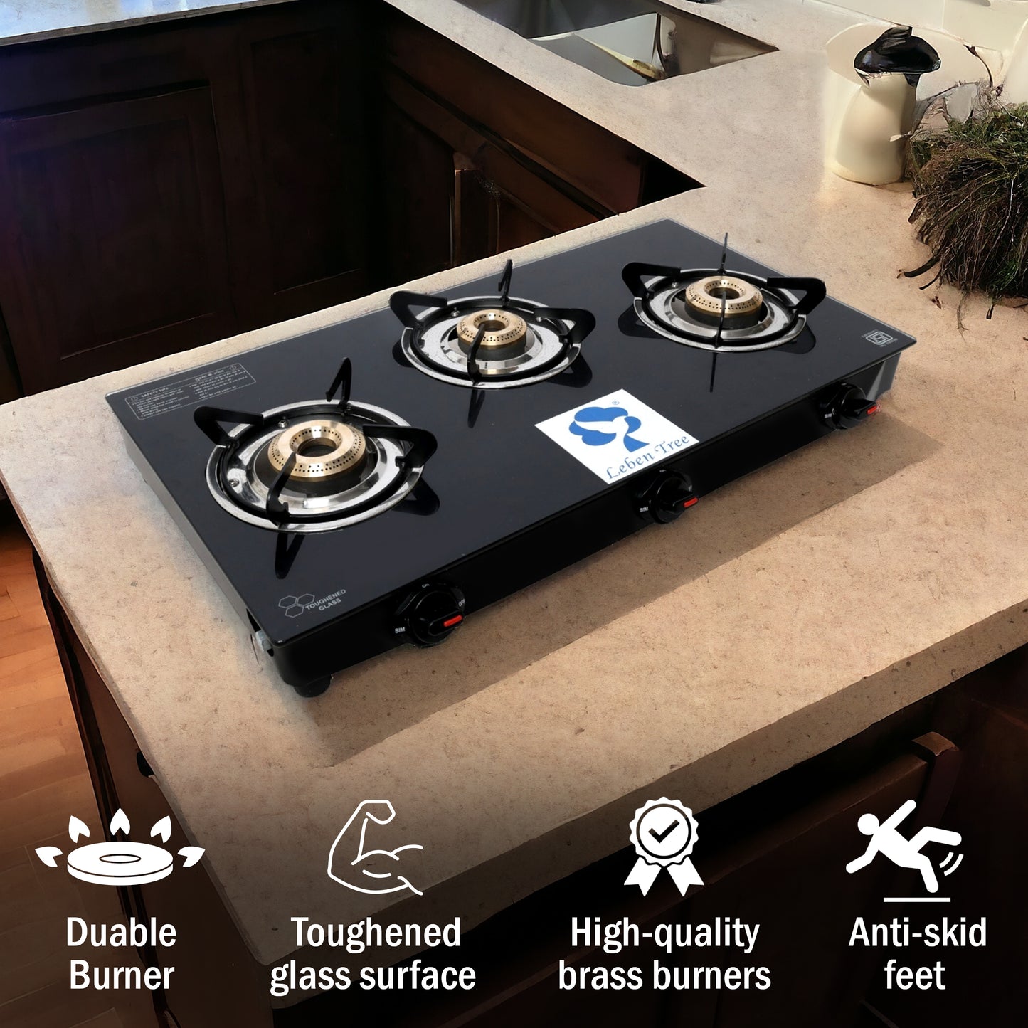 Leben Tree Manual Gas Stove Black  (3 Burners)