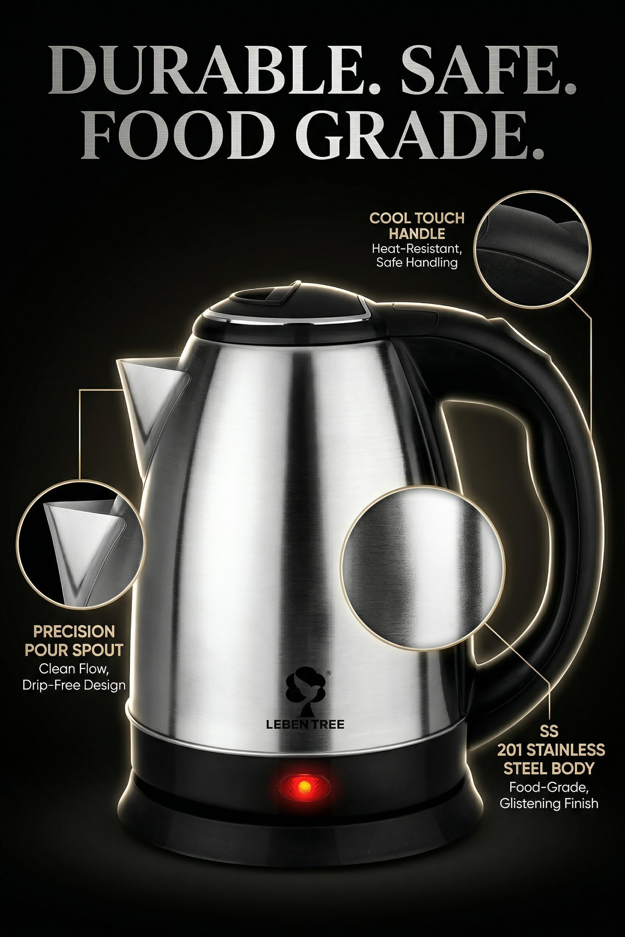 Leben Tree Smile Stainless Steel 360 Degree Electric Kettle