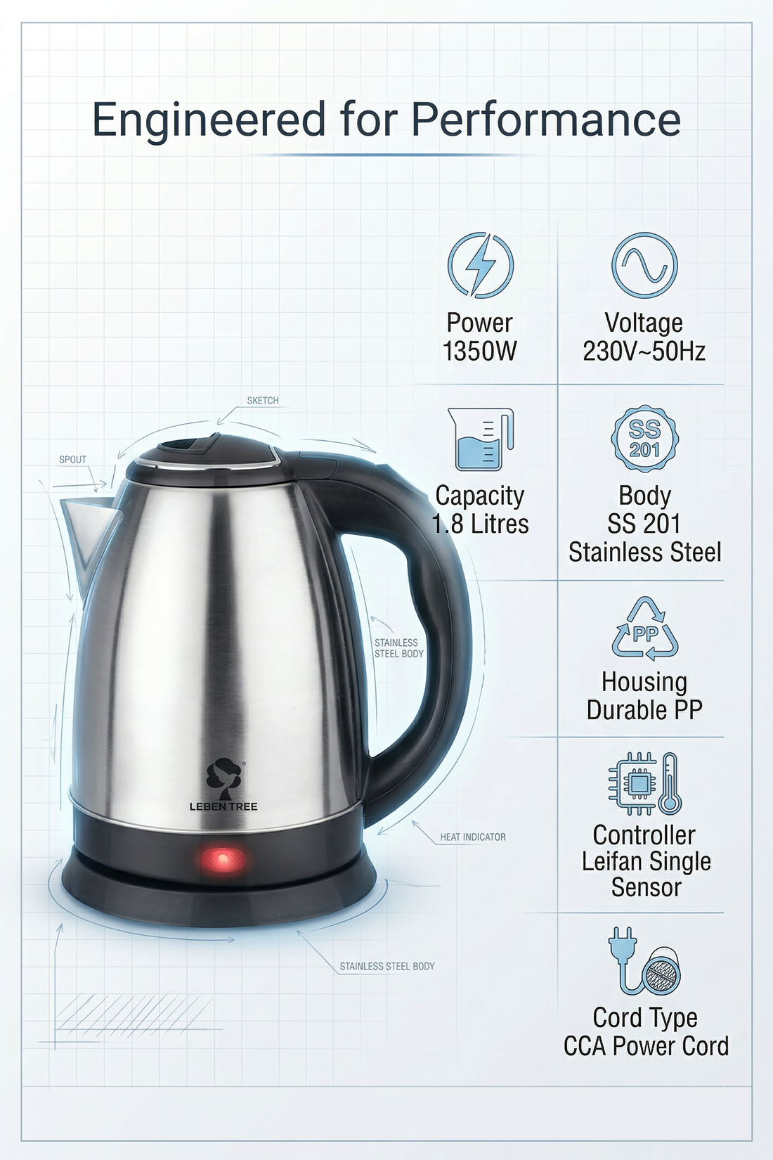 Leben Tree Smile Stainless Steel 360 Degree Electric Kettle