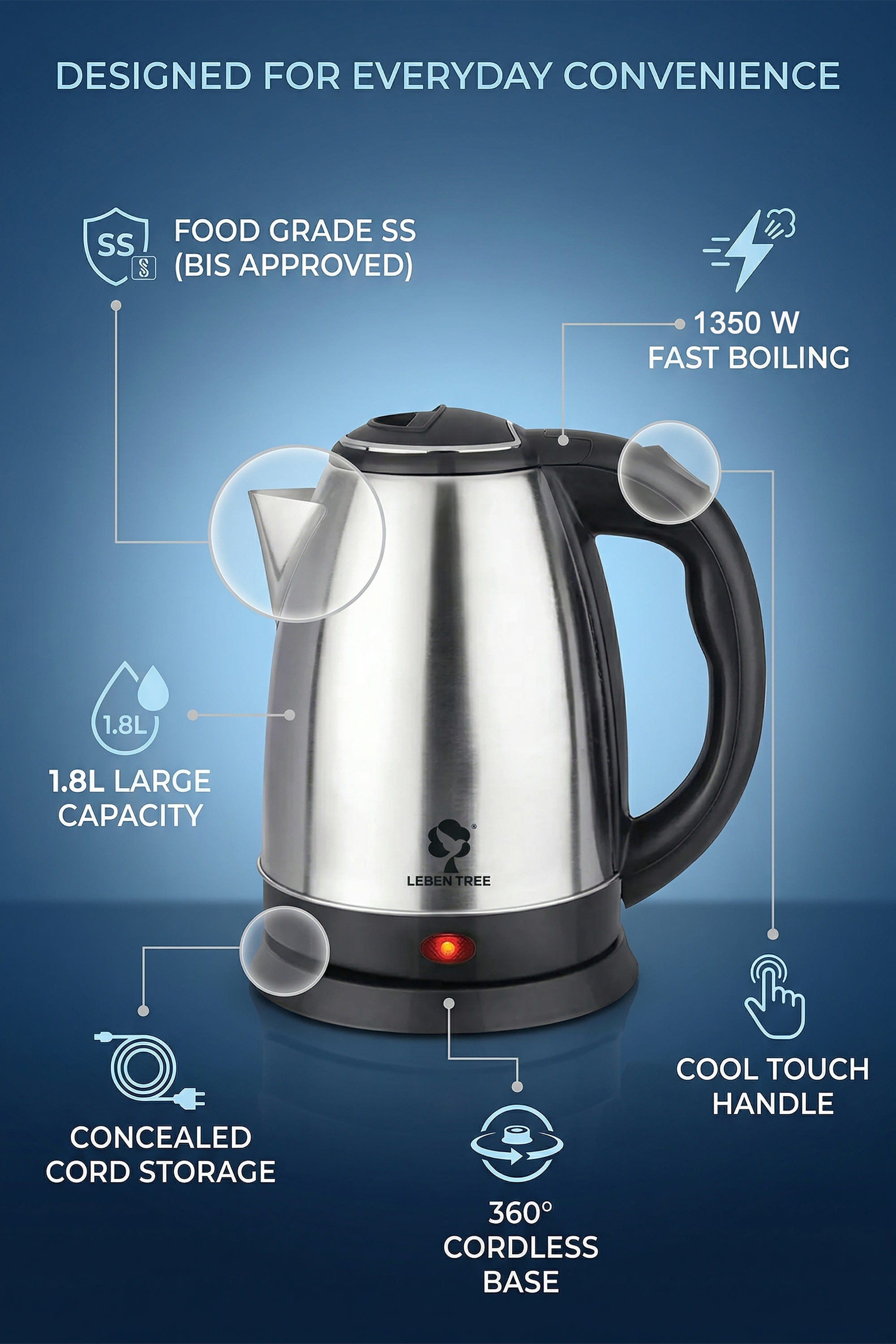 Leben Tree Smile Stainless Steel 360 Degree Electric Kettle