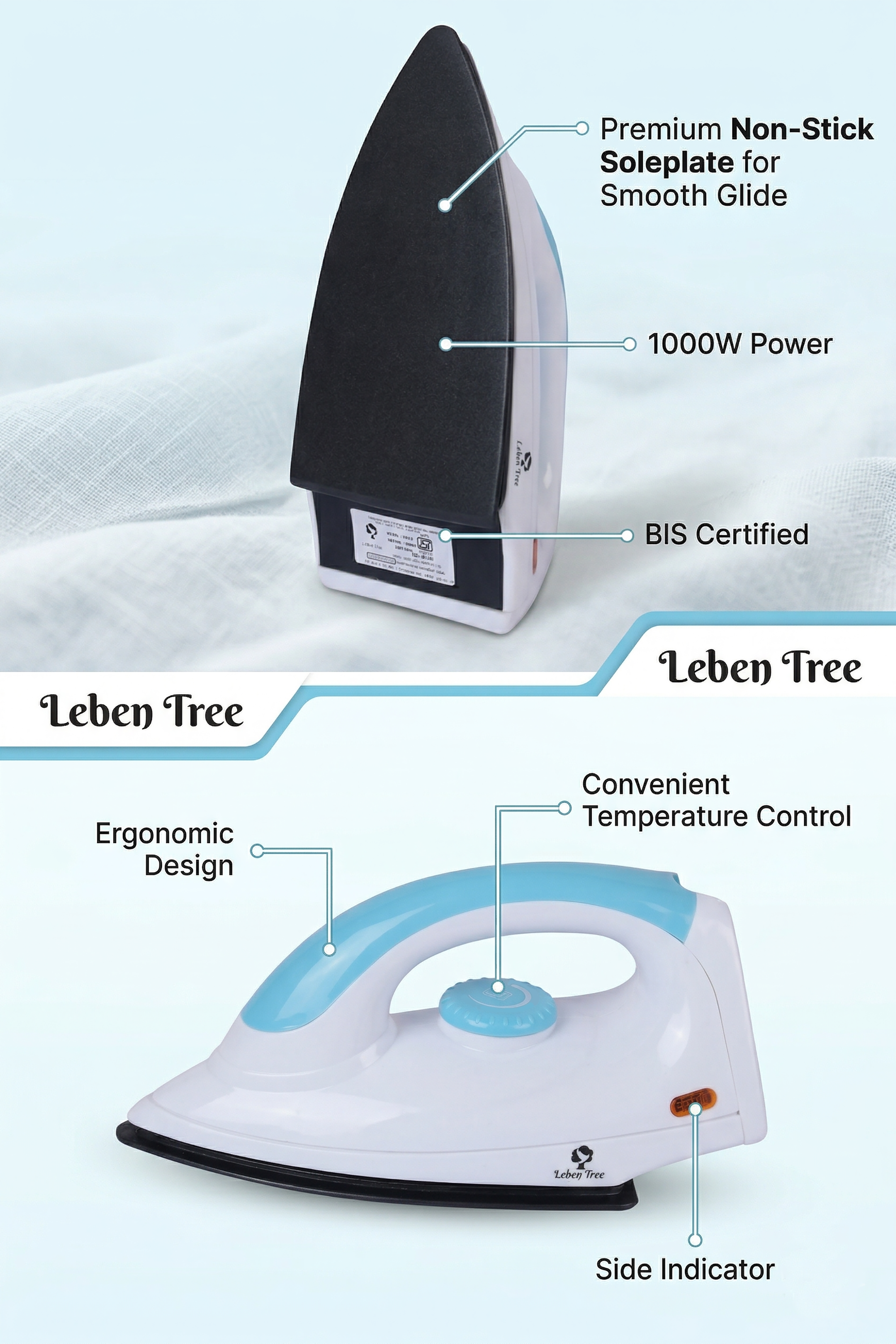 Leben Tree Smile Dry Iron 1000 W Dry Iron (Blue, White)